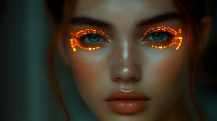 Wall Mural - Closeup portrait of a woman with glowing orange light on her eyelids.