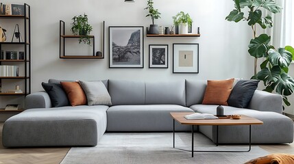 Canvas Print - Interior of modern living room with grey sofa shelving unit coffee table and pictures on white wall : Generative AI