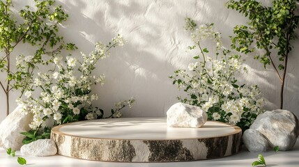 Poster - Decoration Wood cut podium and stone arrangements with green flowers on white background  Abstract podium for organic cosmetic products Natural stand for presentation and exhibitions F : Generative AI