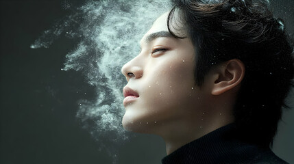 Canvas Print - Close-up portrait of a young man with powder falling on his face, looking up.