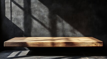 Aufkleber - Wooden board with shadows and black wall background Free space for your decoration : Generative AI
