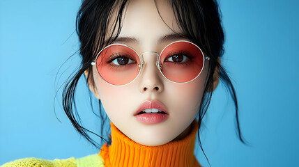 Canvas Print - Close-up portrait of a young woman wearing round, red-tinted sunglasses and a bright orange turtleneck sweater.