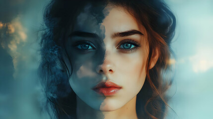 Wall Mural - Close-up portrait of a young woman with blue eyes and long brown hair, with a cloud-like overlay on half her face.