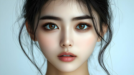 Canvas Print - Close-up portrait of a young woman with brown eyes and long black hair.