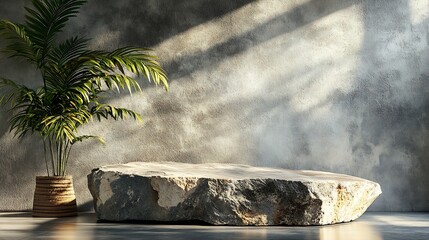 Aufkleber - Luxury Natural Rough Rock stone Podium with plant shadow on Gray wall for product placement display  template for Skin care or cosmetics scene platform : Generative AI