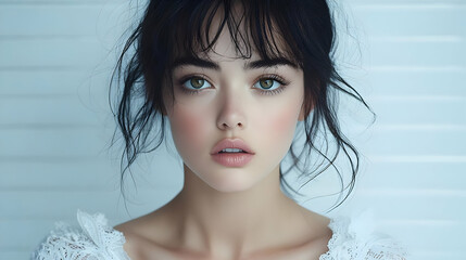 Poster - Close-up portrait of a young woman with dark hair and green eyes, looking directly at the camera.