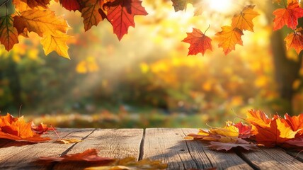 Wall Mural - autumn leaves on wooden deck with sunlight filtering through