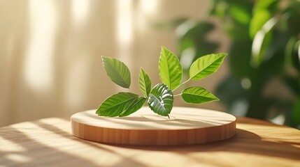 Aufkleber - Minimal wood podium with blurred green leaf plant on beige backgroundBeauty cosmetic natural mild product modern displaynature eco friendly concept : Generative AI