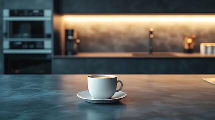 Aufkleber - Beautiful coffee cup on island or table countertop in modern home kitchen Dark grey kitchen design  detail of interior : Generative AI