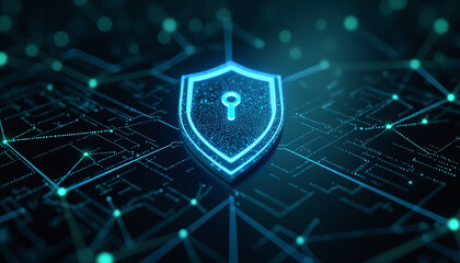 Canvas Print - shield icon with network security: a shield icon within a digital network, representing cybersecurit