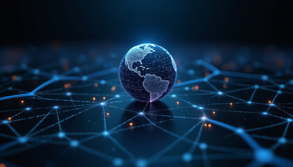 Canvas Print - globe icon with network connectivity: a globe icon within a digital network, symbolizing global comm