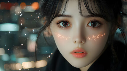 Sticker - Close-up portrait of a young woman with glowing skin.