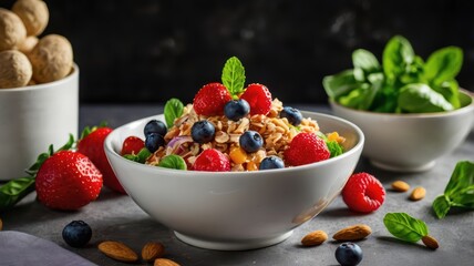 Fresh strawberry muesli bowl with healthy granola, red berries, and green salad, isolated on white background