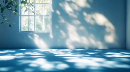 Poster - Studio style background wall decoration presentation uses white and blue tones with shadows cast from a nearby window concept creating a decorative backdrop : Generative AI