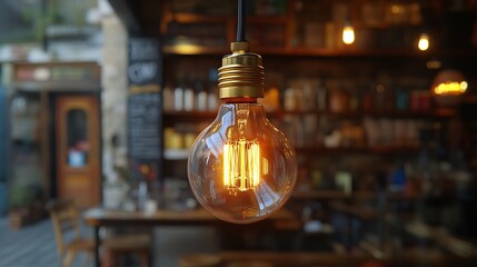 Poster - Loft style light bulb glowing Warm light Room or Coffee shop interior selective focus : Generative AI