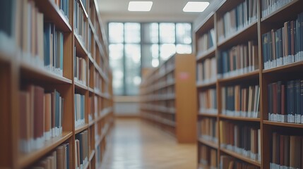 Fototapete - Abstract blurred empty college library interior space Blurry classroom with bookshelves by defocused effect use for background or backdrop in book shop business or education resources  : Generative AI