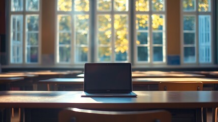 Poster - empty classroom with a laptop on teachers desk : Generative AI