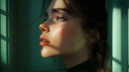 Canvas Print - Close-up portrait of a young woman with long brown hair looking away, with soft light hitting her face.