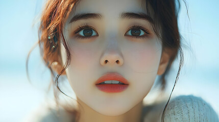 Poster - Close-up portrait of a young woman with long brown hair, looking at the camera.