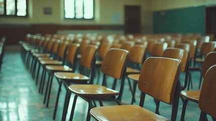 Fototapete - Empty classroom with a lot of chair with no student Empty classroom with vintage tone wooden chairs Back to school concept : Generative AI
