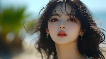 Poster - Close-up portrait of a young woman with long dark hair, wearing earrings, looking at the camera.