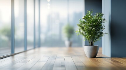 Poster - Light blur Minimalist Open Space Office background Blurred Modern contemporary office and meeting room interior design with panoramic glass windows and green plant inside and Wooden fl : Generative AI