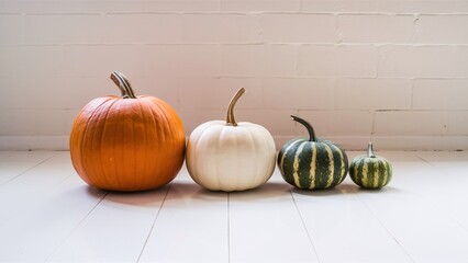 A lineup of four pumpkins with different sizes and colors placed in an empty white room.