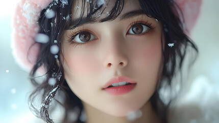 Sticker - Close-up portrait of a young woman with snow falling on her face.