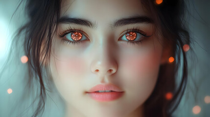 Poster - Close-up portrait of a young woman with sparkling eyes and soft lighting.