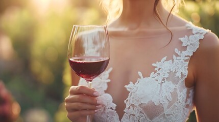 The bride is holding a glass of red wine outdoors The girl has a beautiful dress and neckline closeup Wedding ceremony and backyard party Tasting wine Female drinking wine closeup : Generative AI