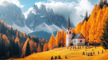 Scenic chapel amidst vibrant autumn trees and alpine mountains