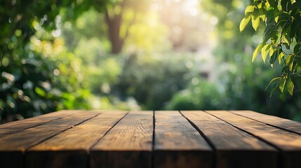 Leinwandbilder - brown wood plank table top on blur and bokeh abstract green tree in the gardening for banner design or natural display product background with copy space : Generative AI