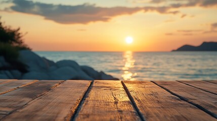Aufkleber - Worn old brown table of empty space for your decoration and summer landscape of sea with sunset time : Generative AI