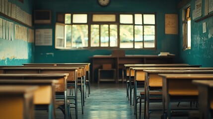 Fototapete - Lecture room or School empty classroom with desks and chair iron wood in high school thailand interior of 
secondary education vintage tone educational concept : Generative AI