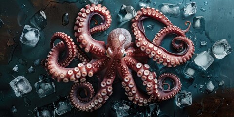 Newly caught octopus displayed on a deep blue surface, surrounded by ice cubes, with its eight tentacles coiling inward.