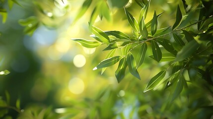 Canvas Print - A close-up view of vibrant green leaves illuminated by soft sunlight, creating a serene and natural atmosphere.