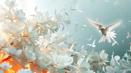 Poster - A serene scene featuring white flowers and a bird in flight, evoking tranquility and natural beauty.