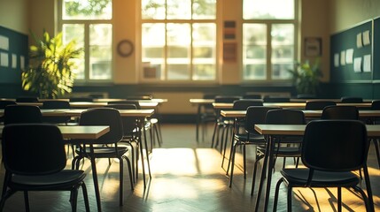 Leinwandbilder - Empty classroom with black chairs and small tables for writing notes without students and teachers : Generative AI
