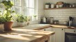 © Generative AI - A sunny kitchen with white tile walls a wooden table and sink : Generative AI