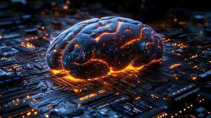 Canvas Print - Digital brain on a circuit board with glowing circuits.