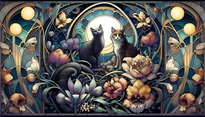 Wall Mural - Decorative painting of flowers and a cat, generated by AI