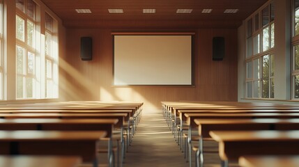 Poster - abstract blurred Empty Classroom or conference room with projector and screen light inside windowswarm tone : Generative AI