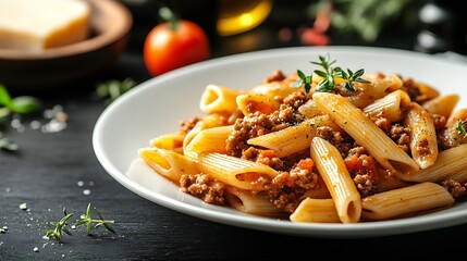 Wall Mural - Pasta penne bolognese in white plate on black wooden table background : Generative AI