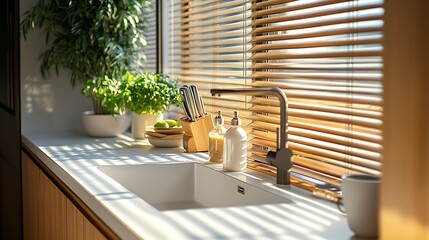 Poster - Sink in the modern kitchen windows decorated with wooden blinds : Generative AI