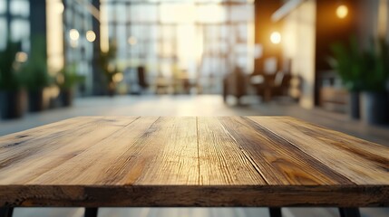 Leinwandbilder - On the blurred background of the empty office room a wooden board rested top the table : Generative AI