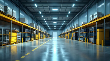 Sticker - Empty warehouse interior with yellow shelves.