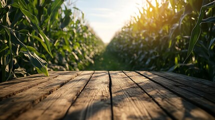 Leinwandbilder - The empty wooden table top with blur background of corn field Exuberant image : Generative AI