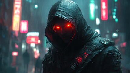 A man with red eyes is standing in the rain