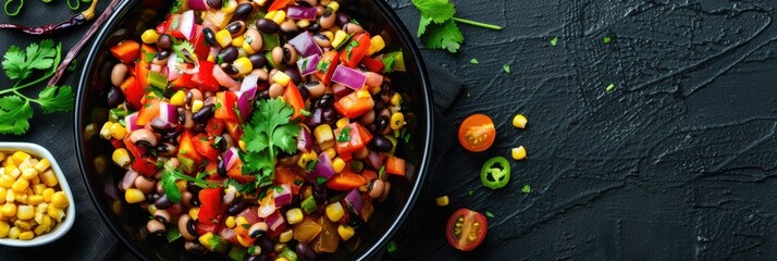 Sticker - Black Bean and Black Eyed Pea Salad with Bell Pepper, Red Onions, Corn, Cherry Tomatoes, and Cilantro in a Dark Bowl