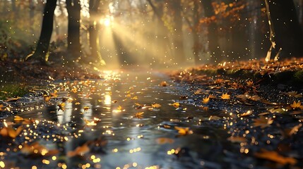 Canvas Print - A serene forest scene with sunlight filtering through trees, illuminating a stream covered in autumn leaves.